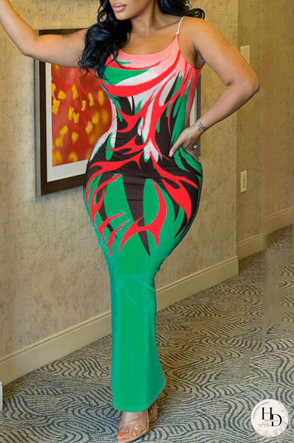 Ginger Fashion Sexy Print Backless Spaghetti Strap Long Dress