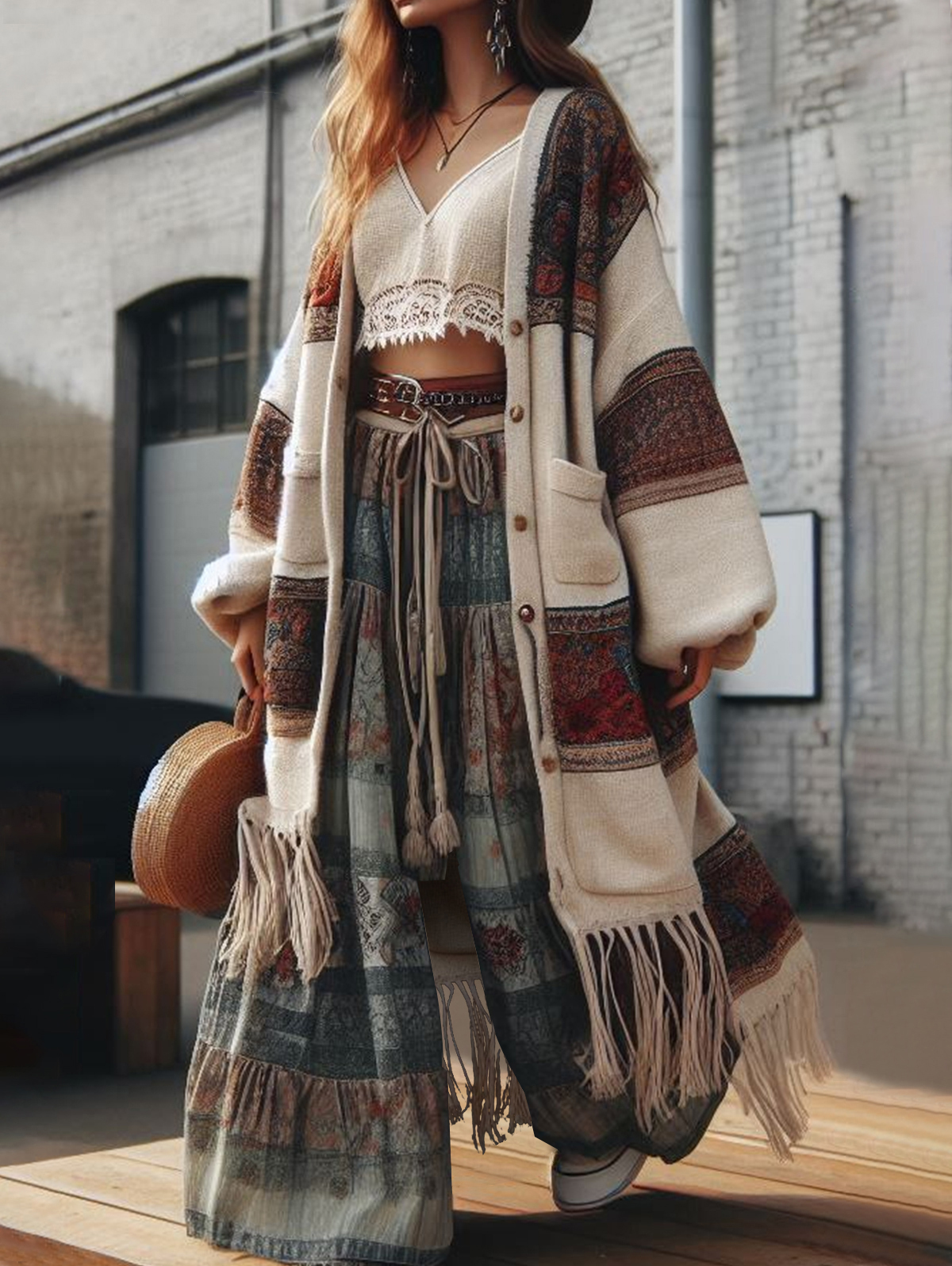 Boho Pattern Patchwork Fringed Lantern Sleeve Long Sweater