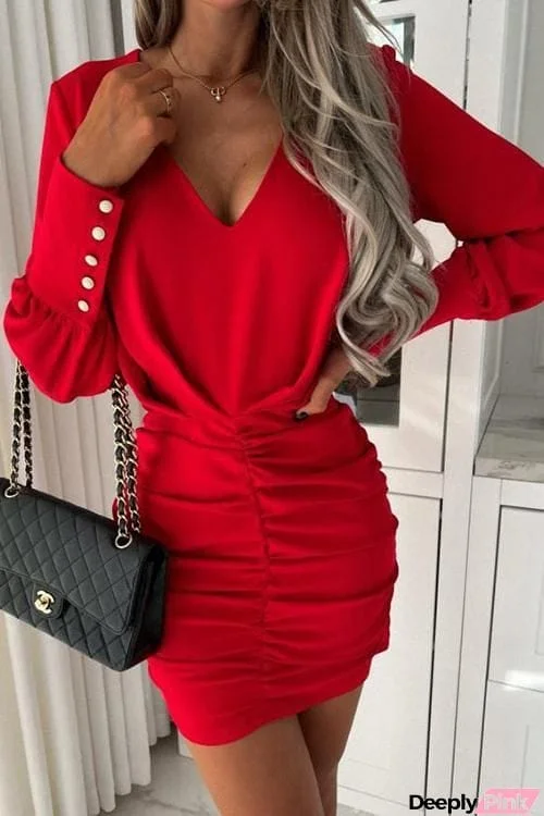 V Neck Ruched Bodycon Dress