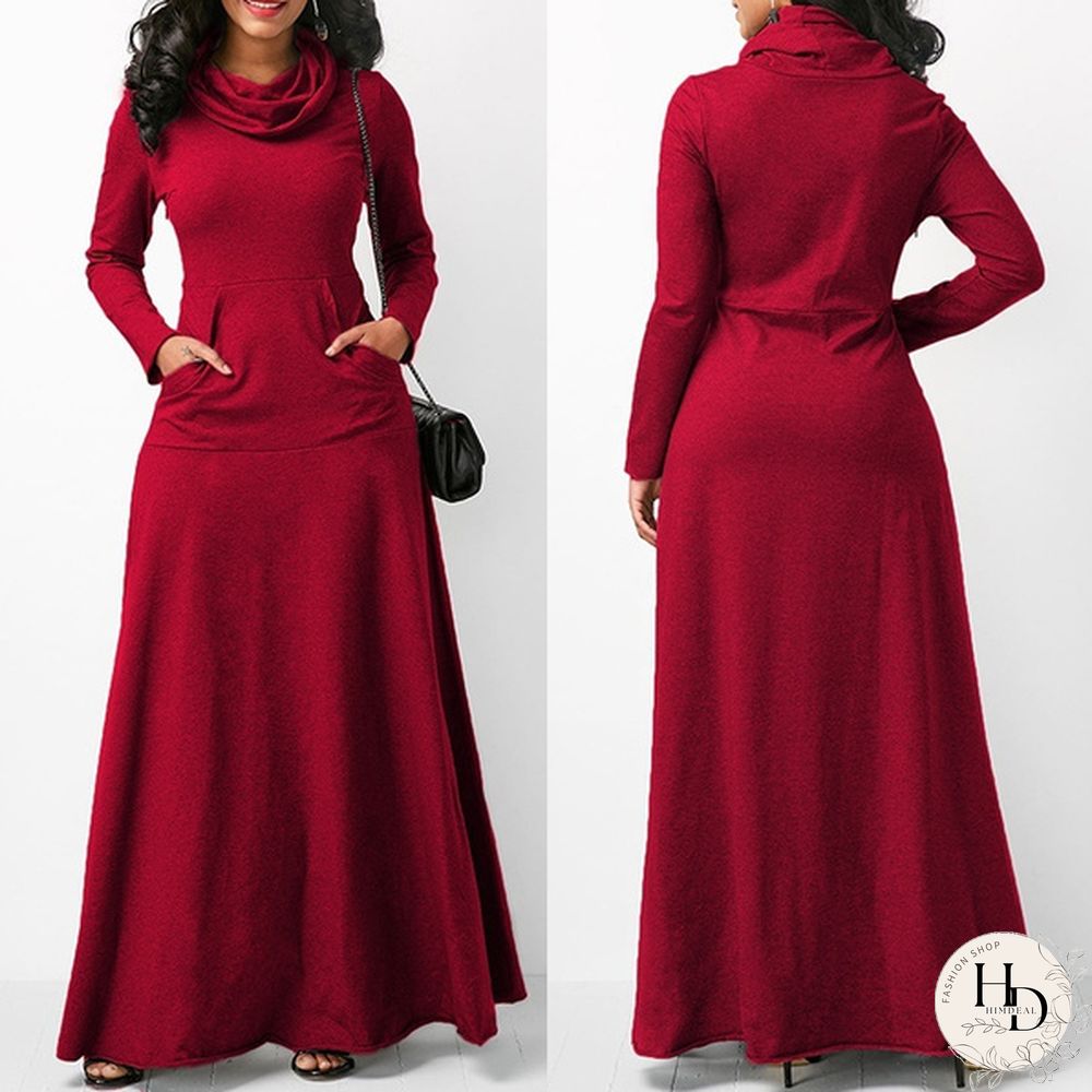 Autumn & Winter Womens Long Sleeve Dress-Pure Colors-Loose Maxi Casual Plus Size S-5Xl