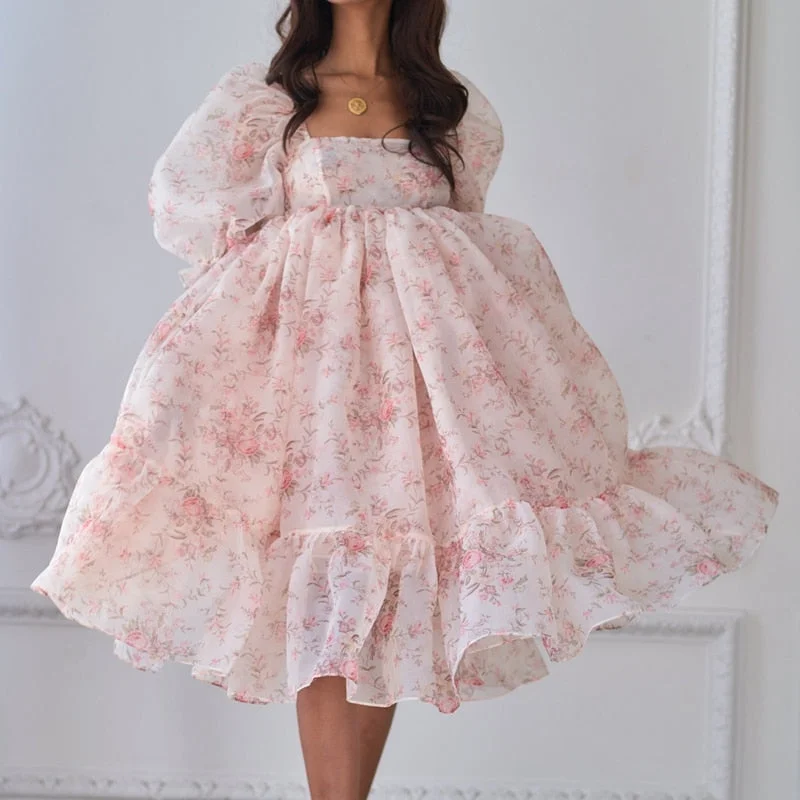 Uforever21 The Renaissance Girl French Puff Dress 90S Vintage Chic Women Floral Print Ruffles A-Line Dress For Birthday Party Night Evening