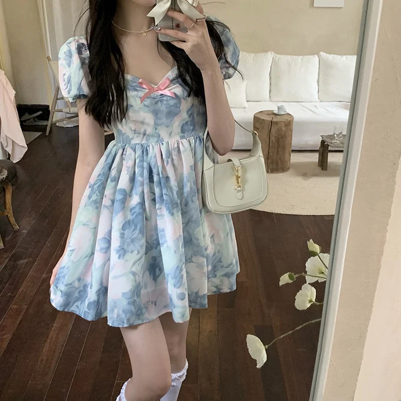 SLPBELY Sweet Lolita Mini Dress For Women Summer Cute Slash Neck Bow Puff Sleeve Dress A Line Princess Dress Vestido Sundress