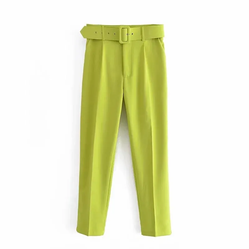 Za Women Pants Blue Harem Pant With Belt Office Ladies Suits Mujer Pockets Straight Trousers High Waist Pink Formal Workwear TRF