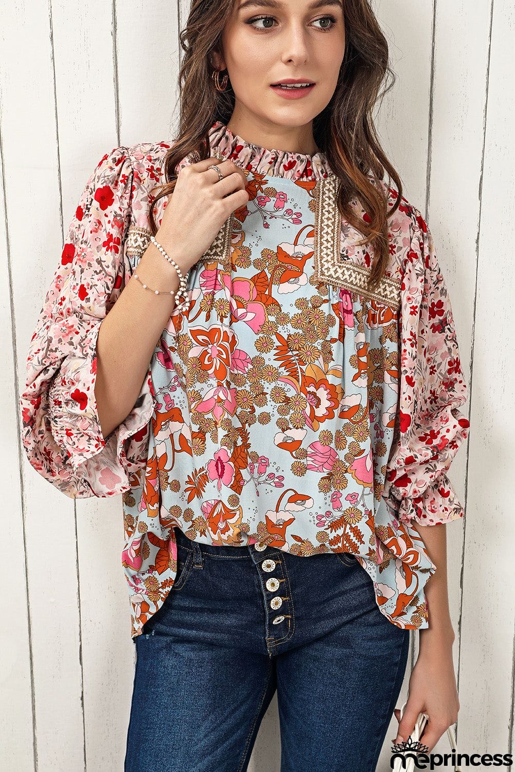 Floral Print Flounce Sleeve Mock Neck Blouse