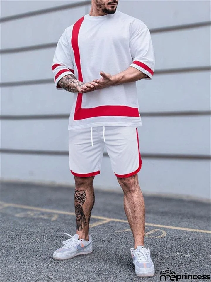 Men's Round Neck Loose Contrast Color Short Sleeve Sets