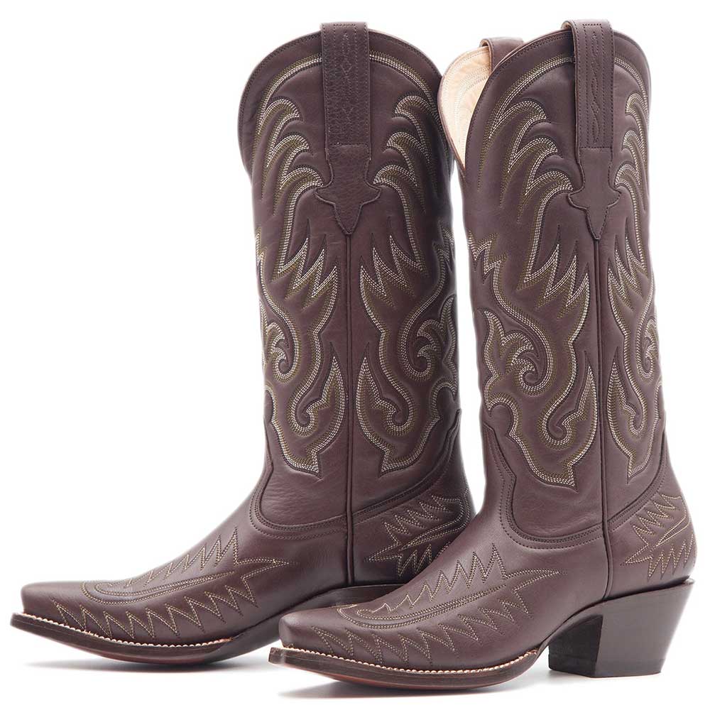Brown Stitching Snip Toe Chunky Heel Knee-High Cowgirl Boots Nicepairs