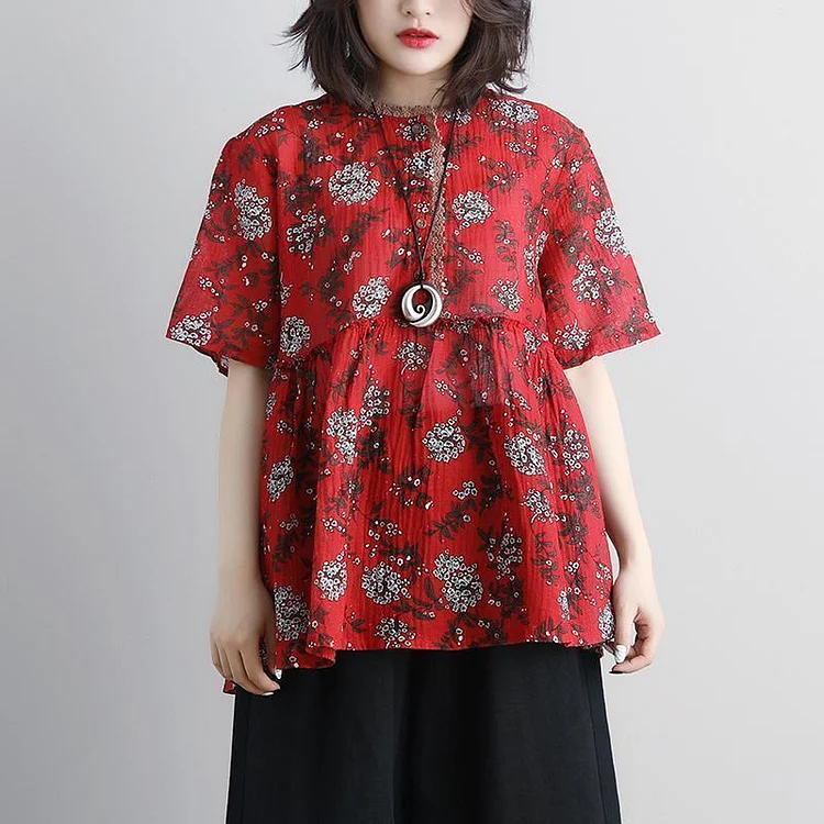 women linen tops Loose fitting Round Neck Casual Summer Short Sleeve Floral Red Blouse