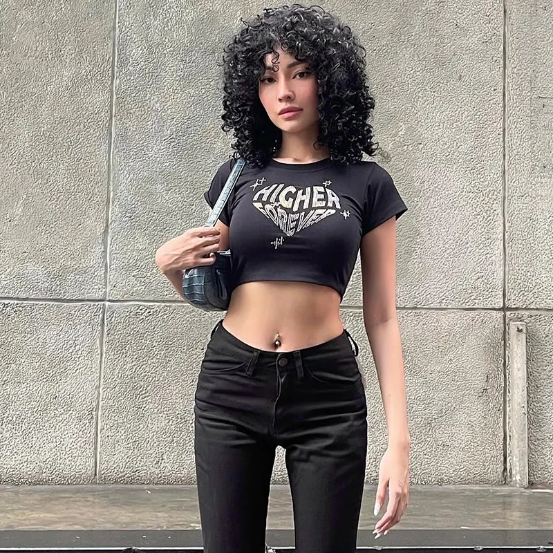 Uveng 2024 New Round Collar Hot Diamond Love Wing Print Short-Sleeved T-Shirt Summer Short Hottie Blouse