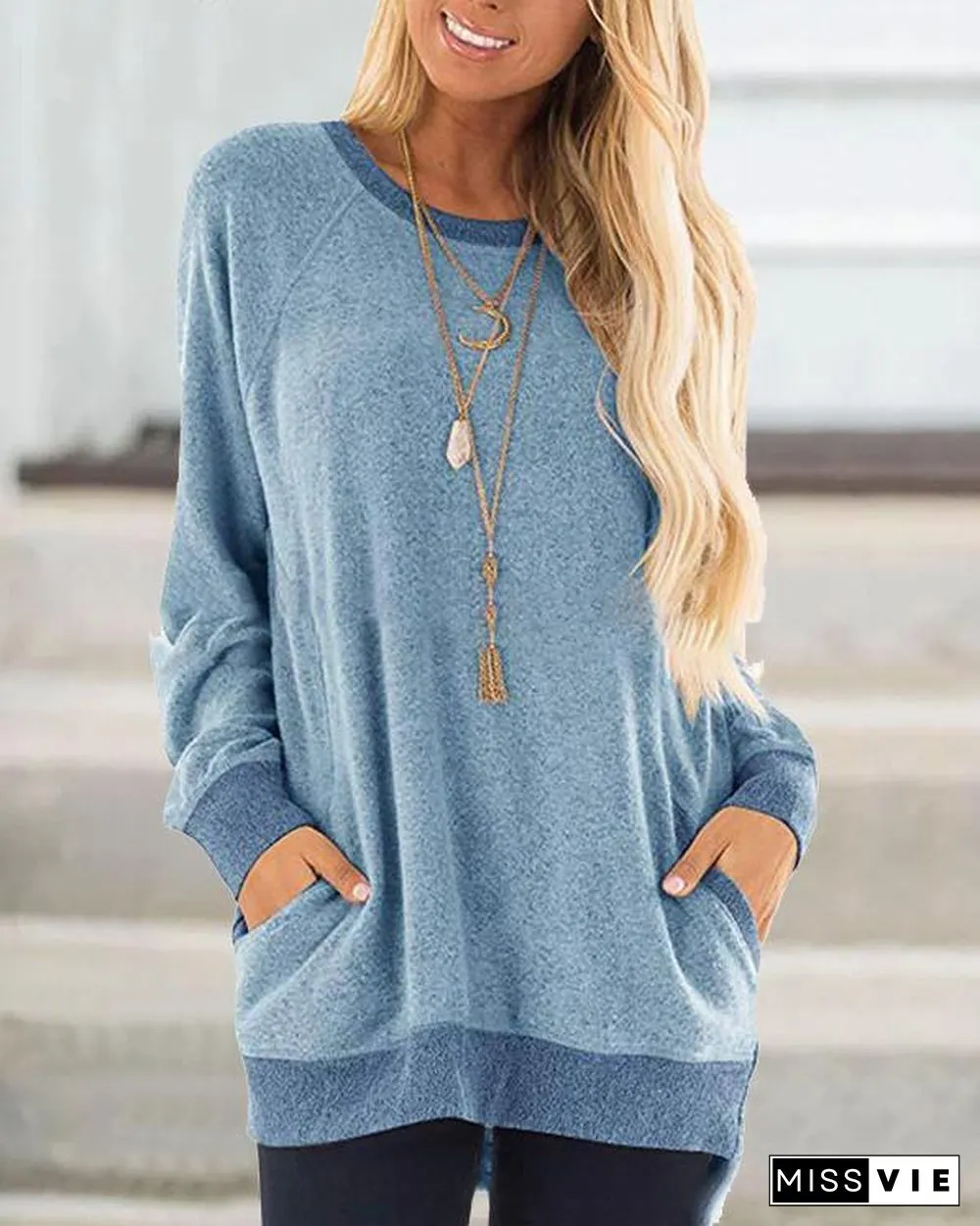 Sweater Pocket Solid  Design Casual Round Neck Shirts & Tops