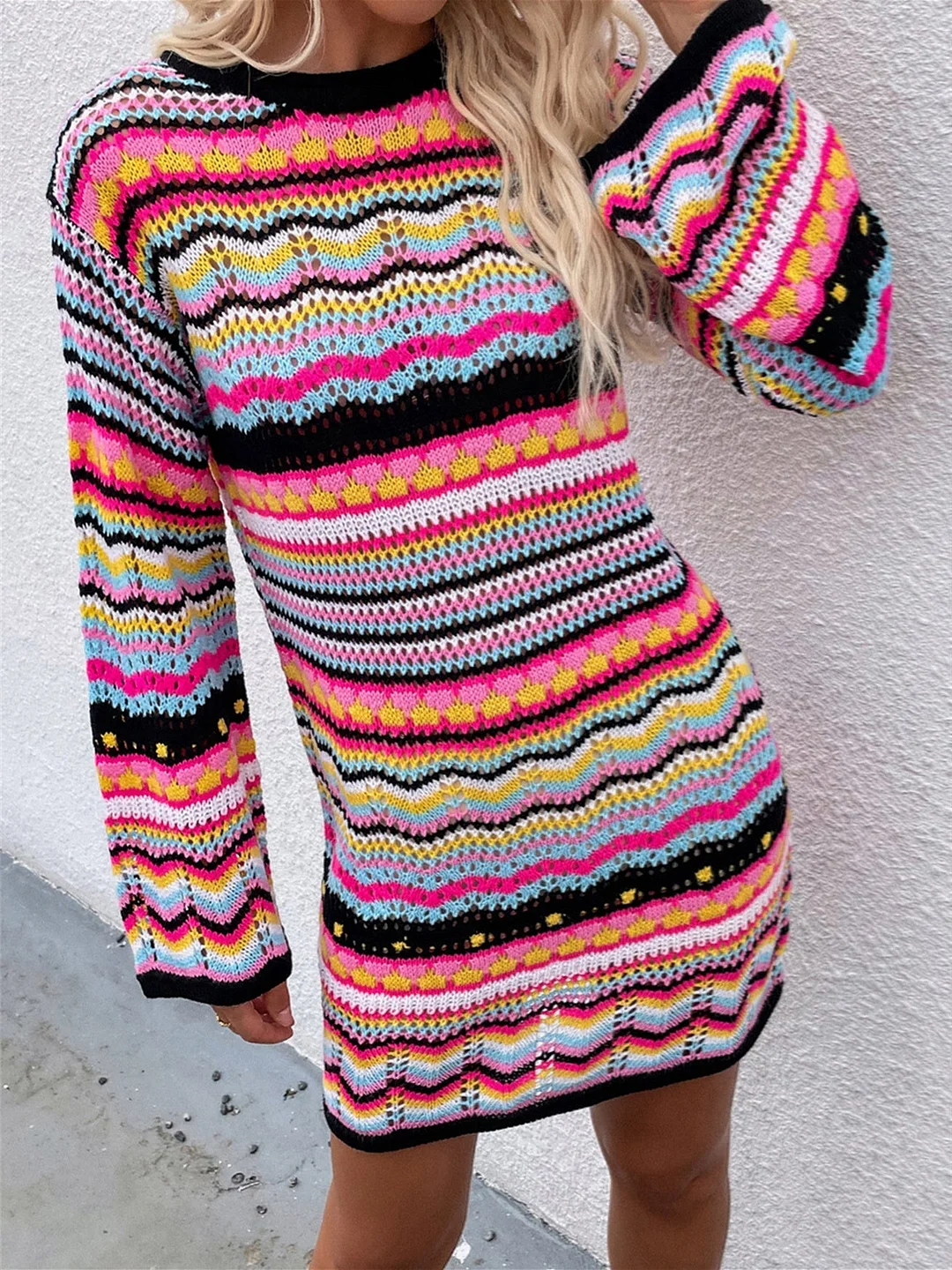 Women plus size clothing Women Long Sleeve Scoop Neck Striped Mini Dress Knit Sweater-Nordswear