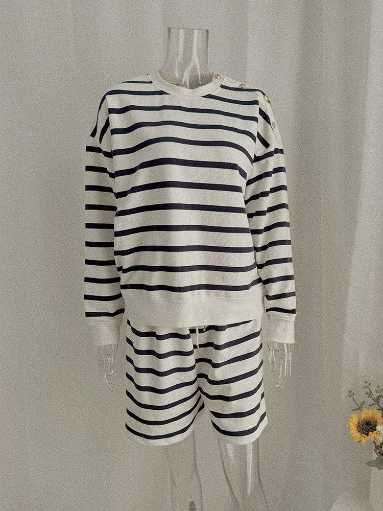 Athvotar Athvotar And Autumn 2025 New Round Collar Loose-Fitting Stripe Hit The Color Of The Jacket Women's Suit Long Sleeves And Open Shoulder Clothes + Shorts