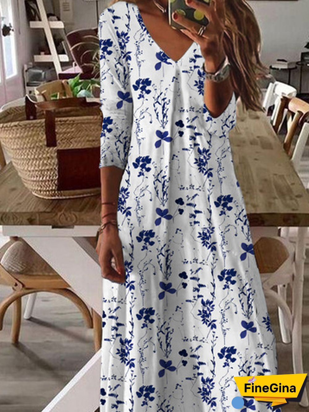 Women Casual Floral Autumn V neck Daily Loose Best Sell A-Line Regular Size Dresses