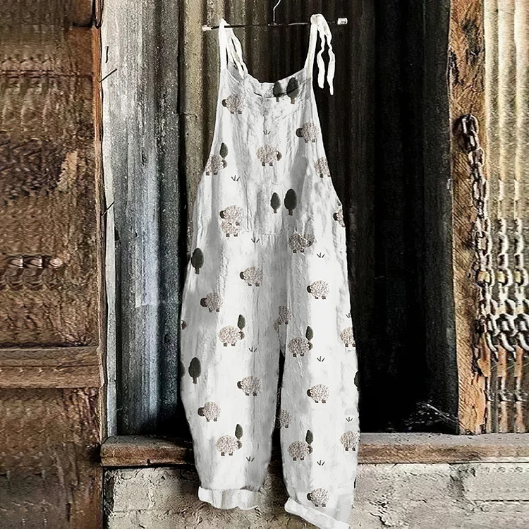 Sheep Embroidery Pattern Linen Blend Casual Jumpsuit
