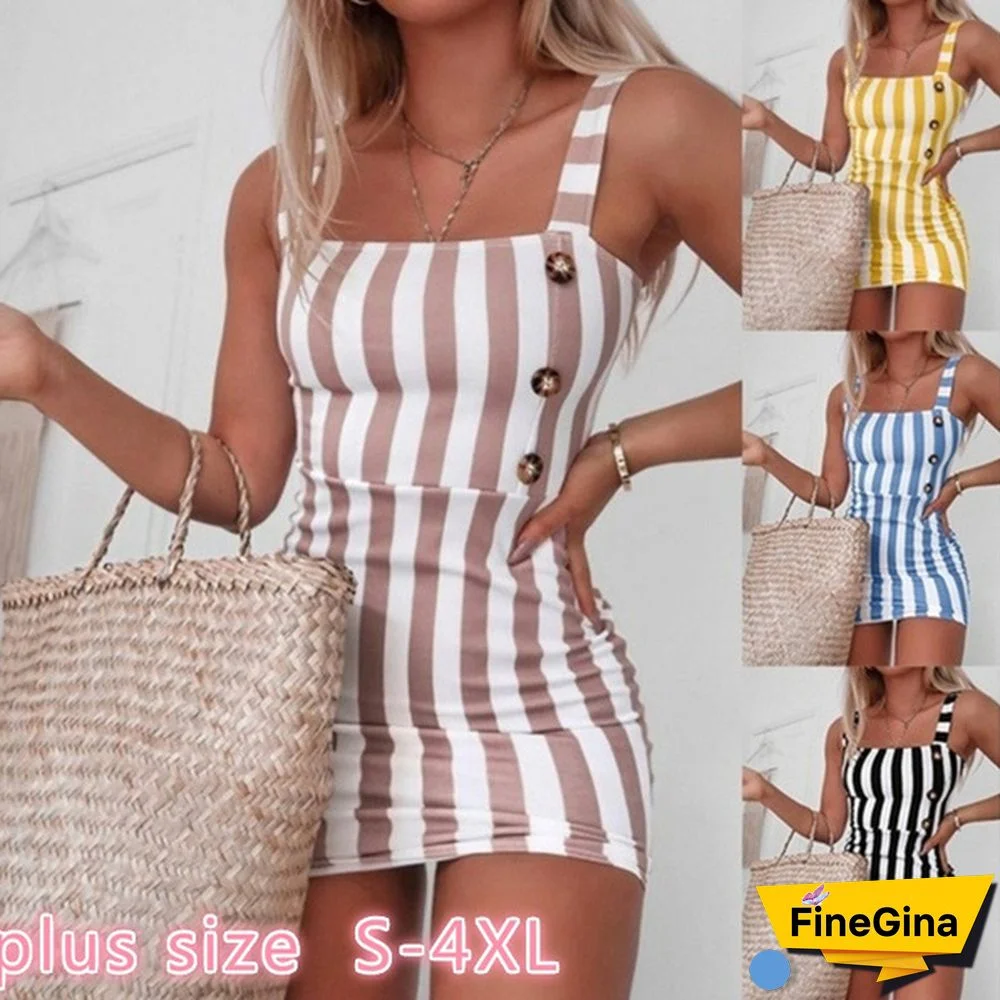 Women Vintage Vertical Striped Mini Button Cami Spring And Summer Dresses