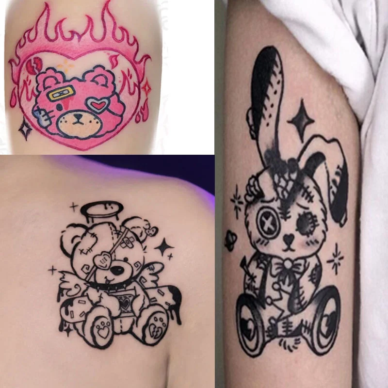 32pc/Set Dark Cartoon Bear Rabbit Tattoo Stickers Women Waterproof Black White Watercolor Art Fake Tattoo Arm Temporary Tattoo