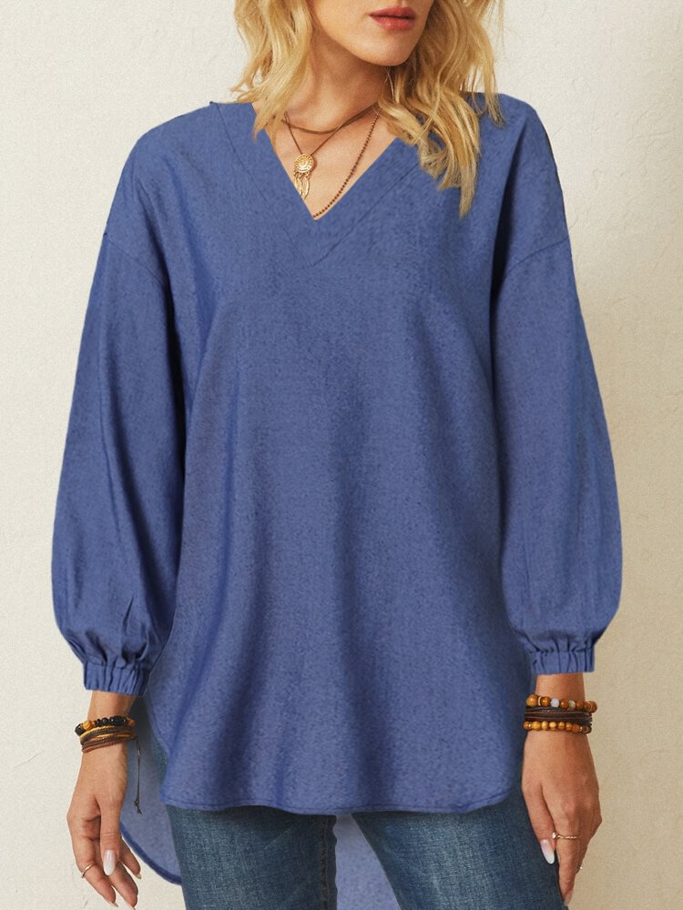 Solid Color Slit V neck Long Sleeve Casual Blouse for Women P1803920