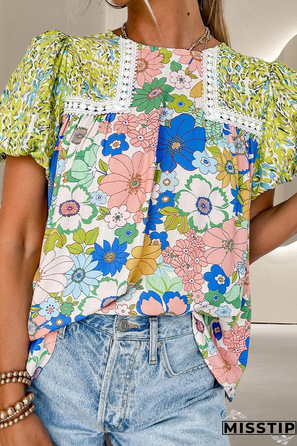 Printed Round Neck Puff Sleeve Blouse