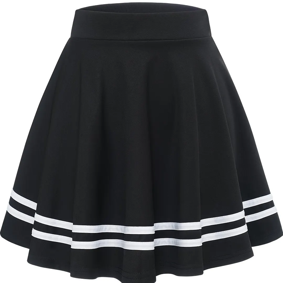 Striped A-Line Skater Skirt, Versatile High Waist Skirt For Spring & Summer, Women's Clothing