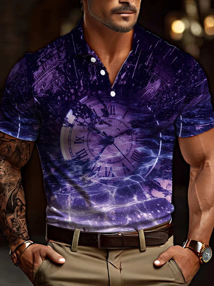 Purple Brilliant Magic Floating Clock Printing Short Sleeve Polo BestDVibe