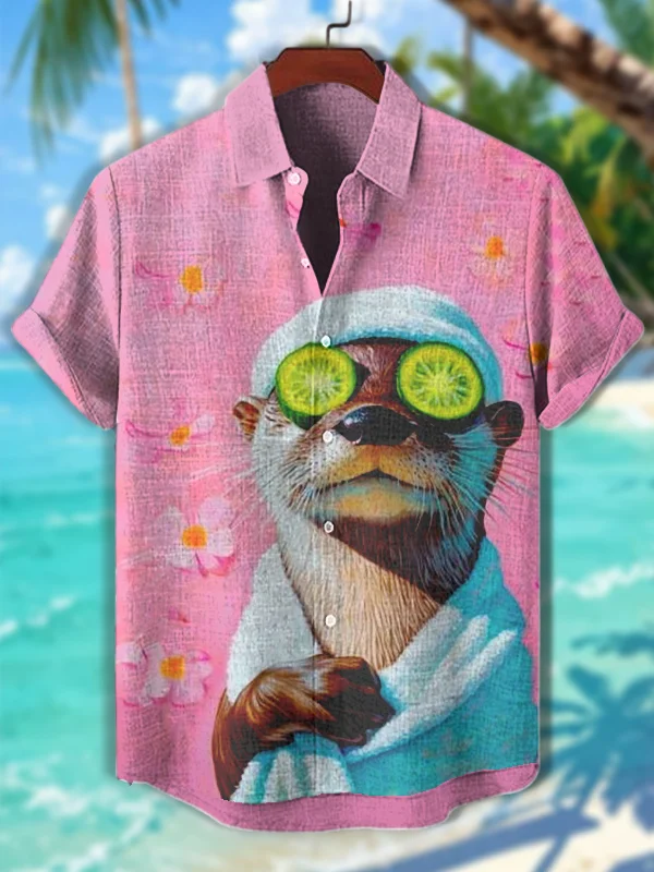 Men's Otter In Bathrobe Floral Print Short Sleeve Shirt