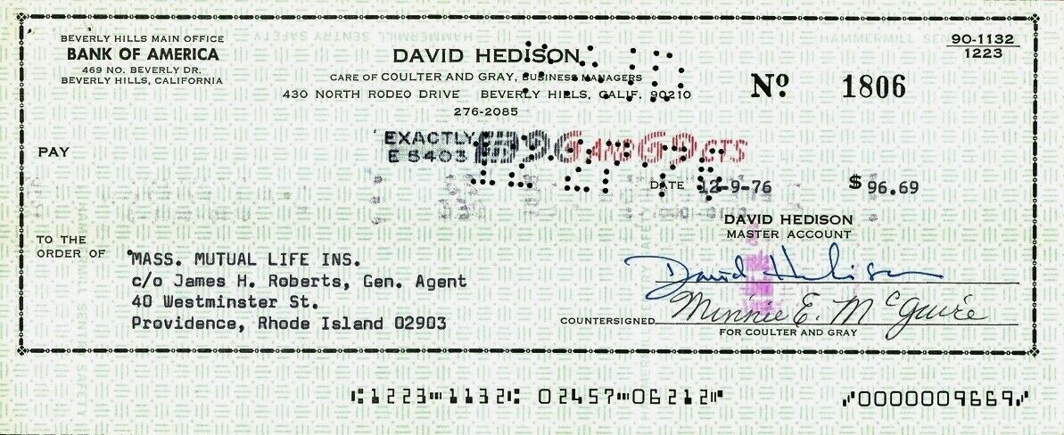 DAVID HEDISON Signed Check