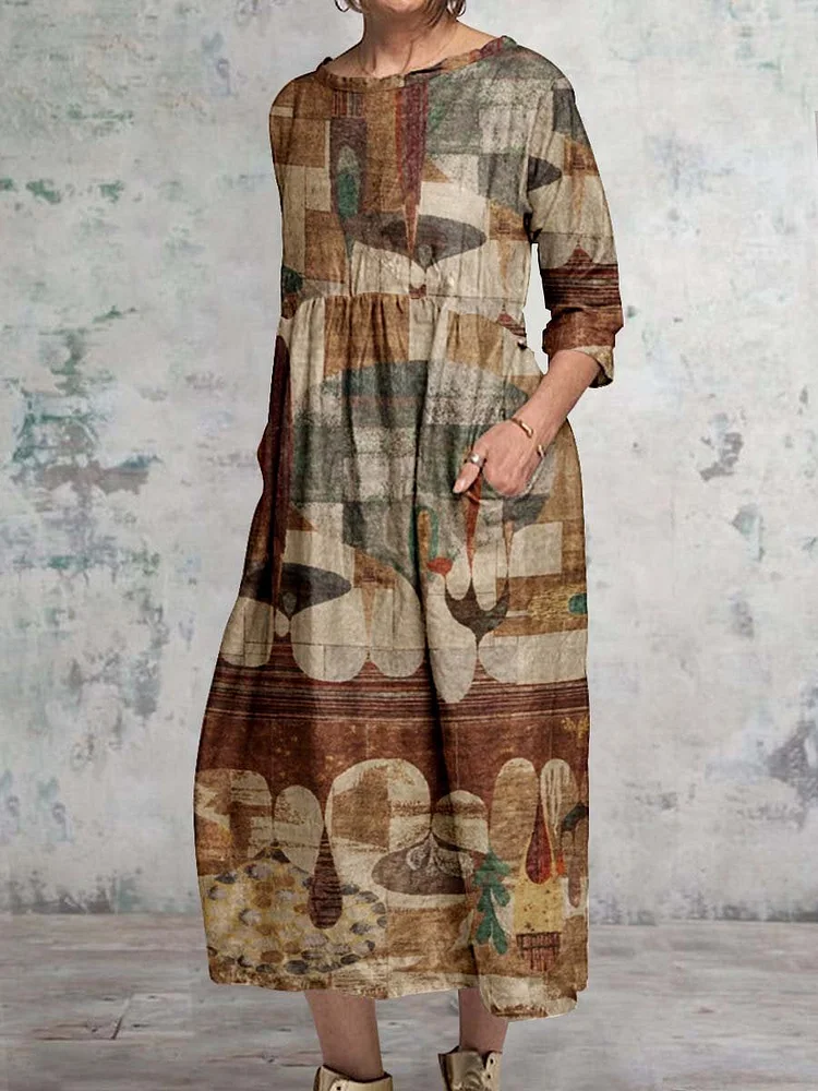 Women's Retro Art Geometric Pattern Round Neck Cotton and Linen Dress