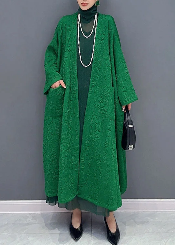 Italian Green V Neck Pockets Maxi Coats Long Sleeve