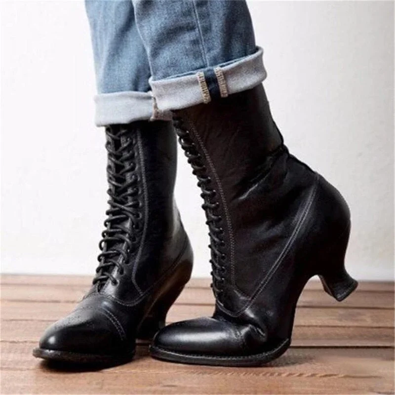 2019 Autumn Women boots Retro woemn Shoes female Booties Plus Size Shoes pointed toe Leather Shoes Heel Mid Calf Boots