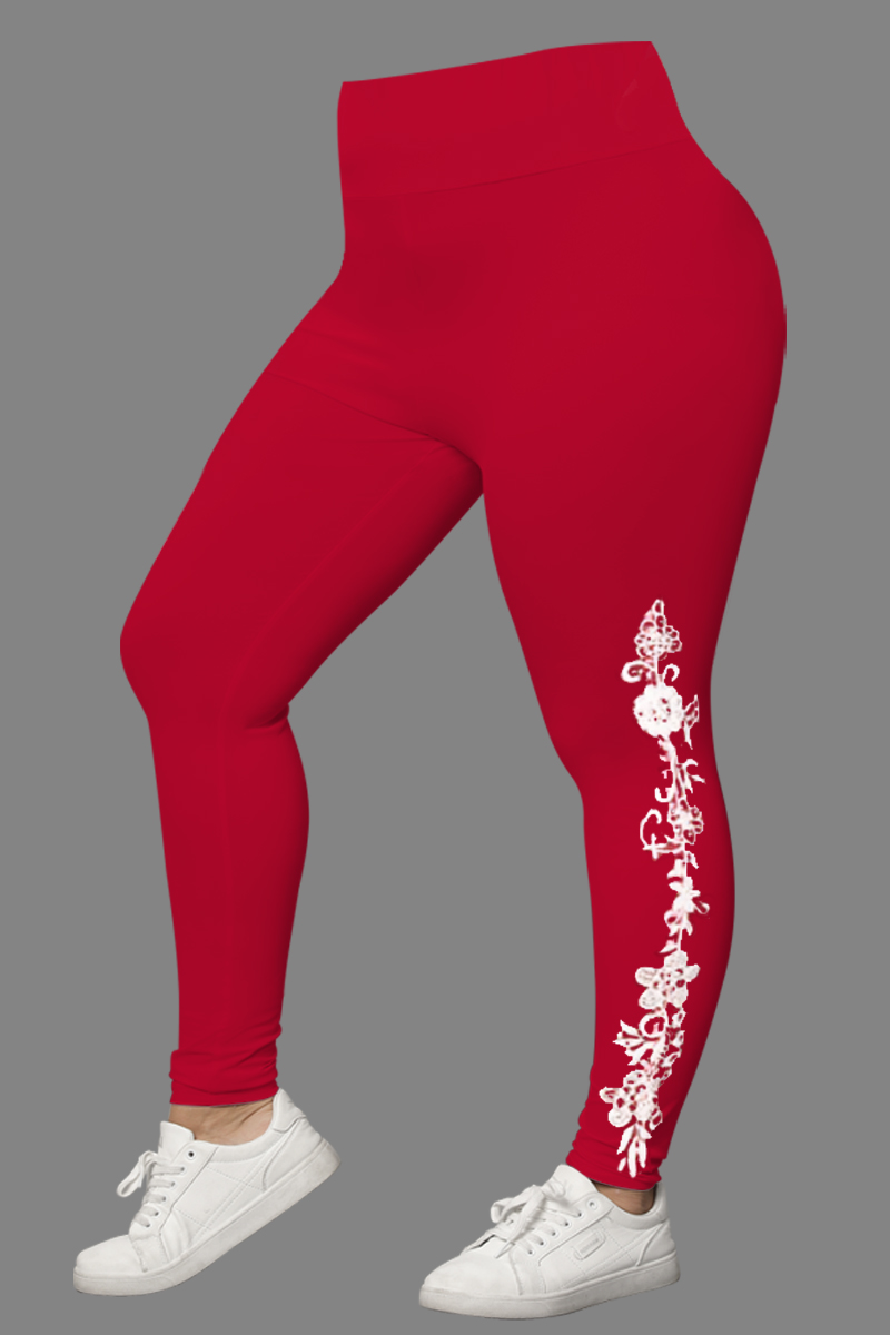 Flycurvy Plus Size Casual Red Lace Print Legging 2024 - Flycurvy 