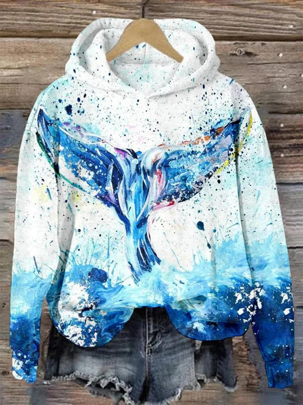 Women's Splash-Ink Art Ocean Whale Print Casual Hoodie