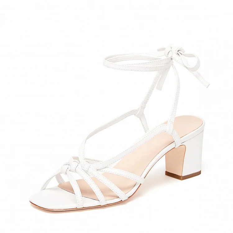 White Strappy Block Heel Sandals |FSJ Shoes