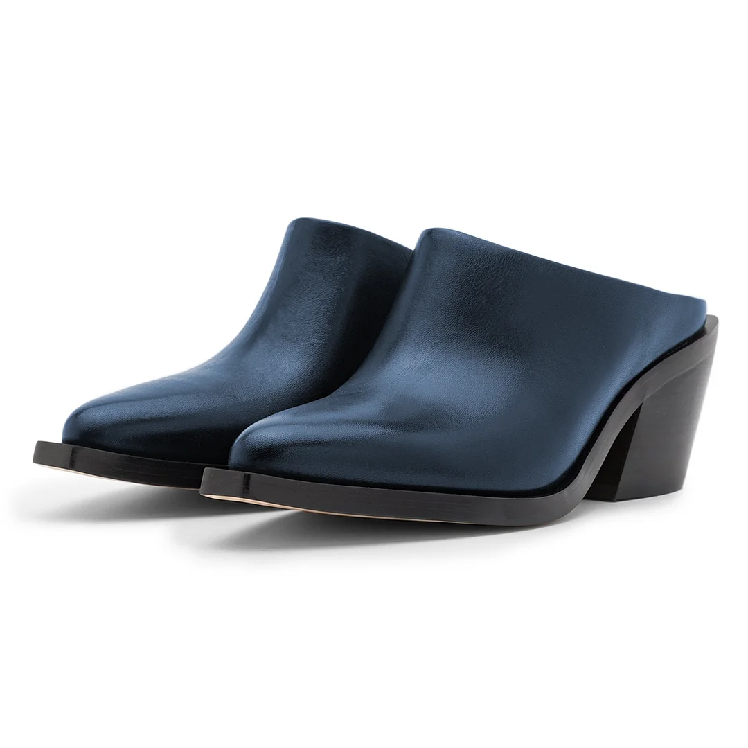 Classic Vegan Leather Snip Toe Block Heel Formal Mules in Dark Blue