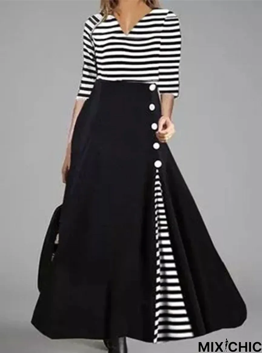 Fashion Striped Printed Round Neck Long Sleeve Casual Maxi Dress Black Dresses