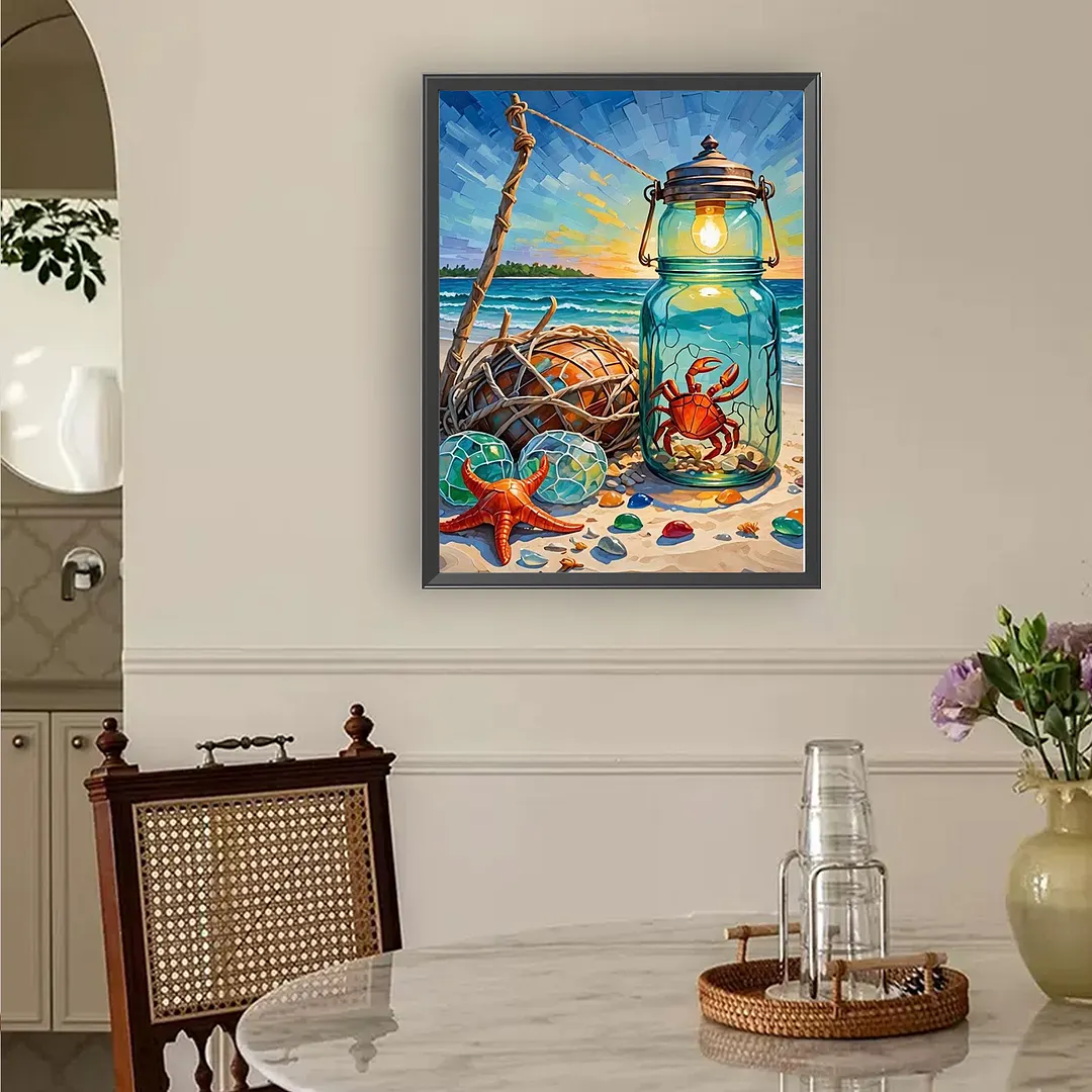 Beach Crab Jar Lantern 5D DIY Full Square Drill Diamond Painting Kits for Adults Beginners Home Decor Diamonds Dots Gem Art Kits Diamonds Paintings Gem Art 13.78x17.72inch