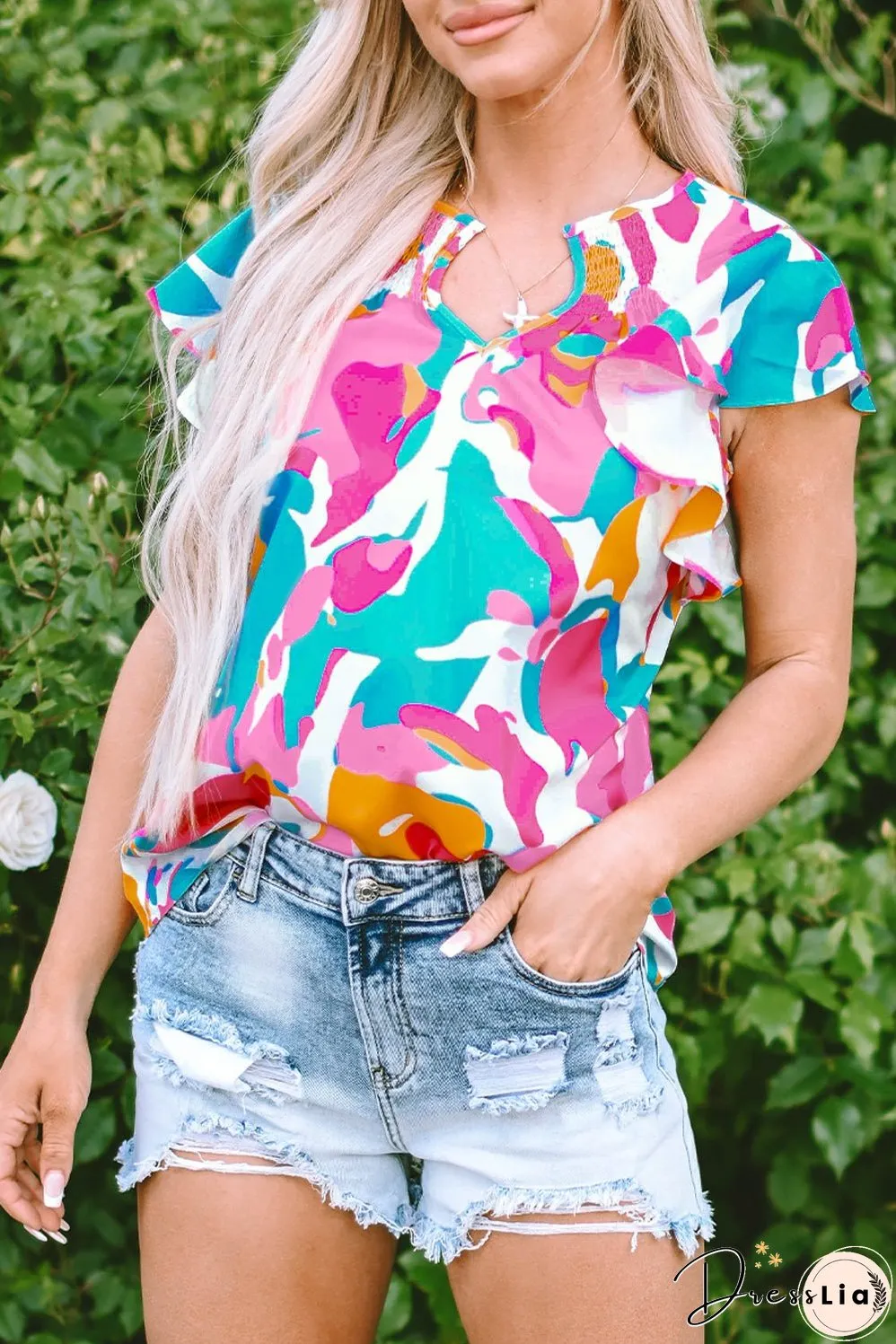 Abstract Print Notched Neck Flutter Sleeve Blouse