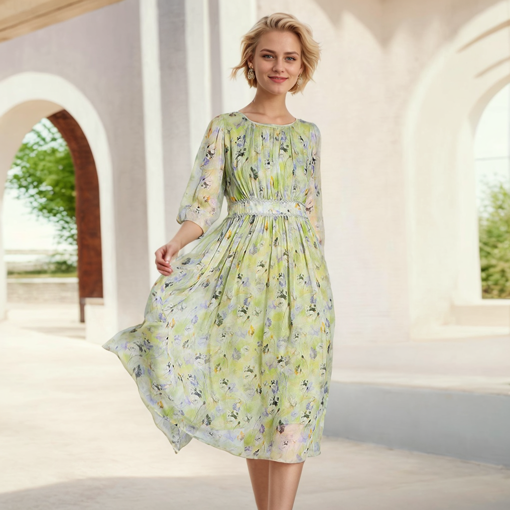 Green Silk Floral Print Dress Vacation Style REAL SILK LIFE
