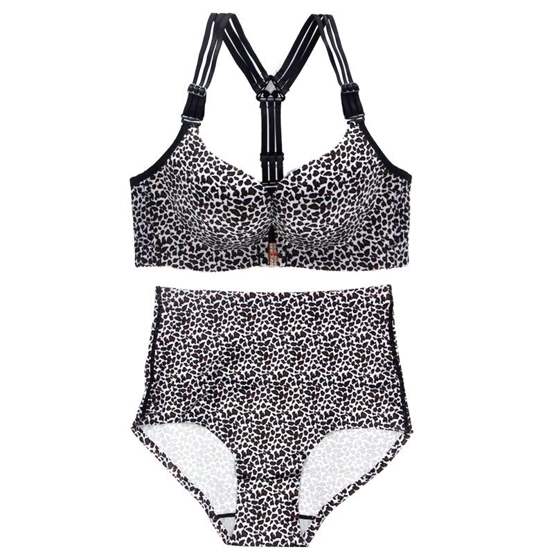  thdmladies Front buckle no steel ring sexy leopard beauty back gathered bra set thedmladies