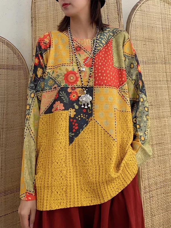 Retro Loose Ethnic Printed Sweater - yankia