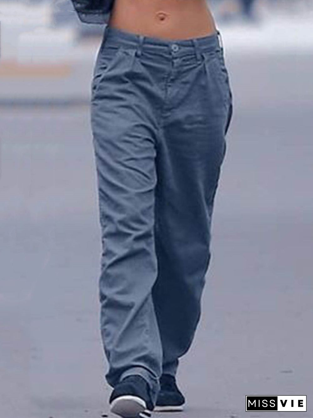 Women Casual Plain Pockets Low Rise Pants