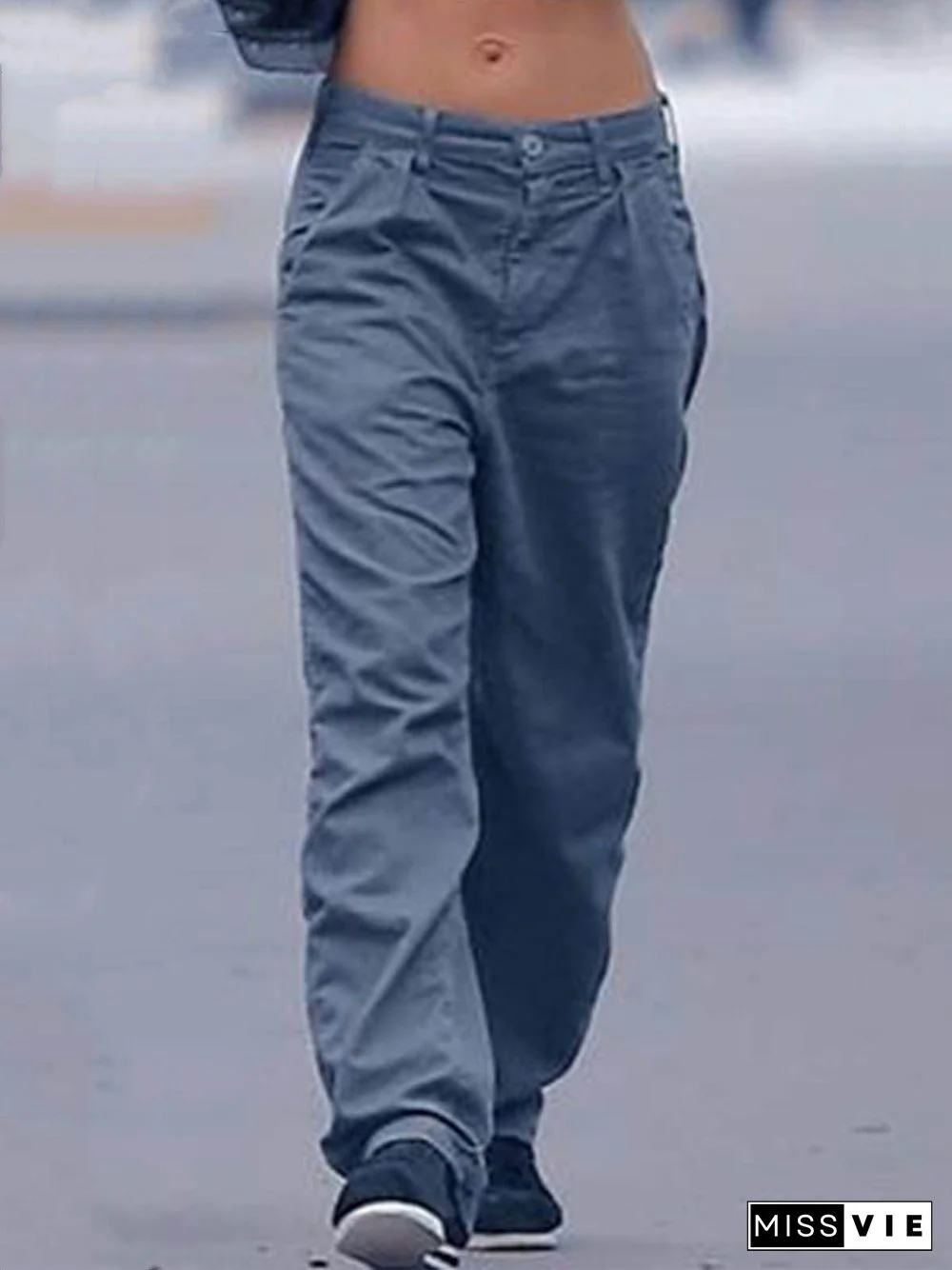 Women Casual Plain Pockets Low Rise Pants