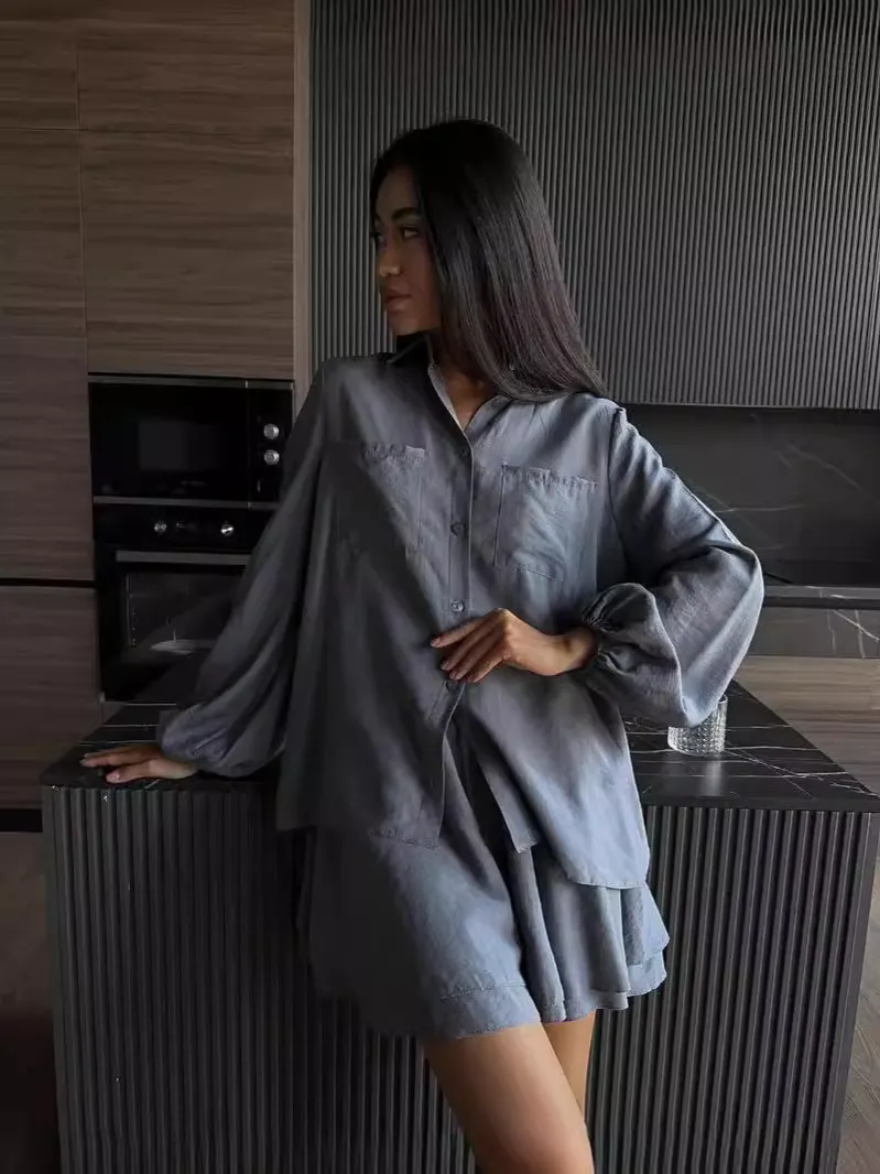 Nigikala Nigikala Summer Women's Long-Sleeved Tops Lotus Side Shorts Casual Fashion Suit Woman