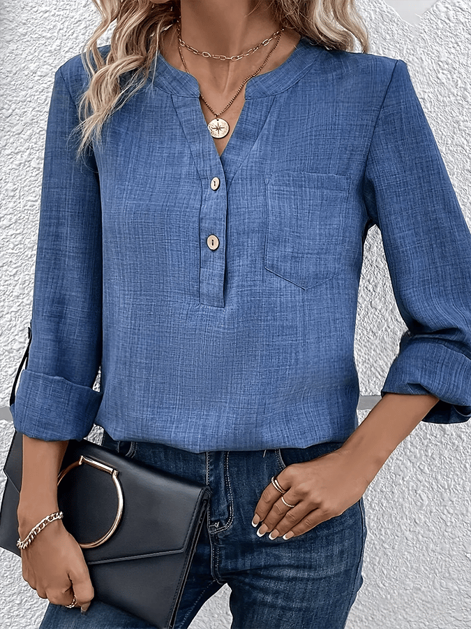Women's Solid Color Rolled Sleeve Half Button Patch Pocket Shirt