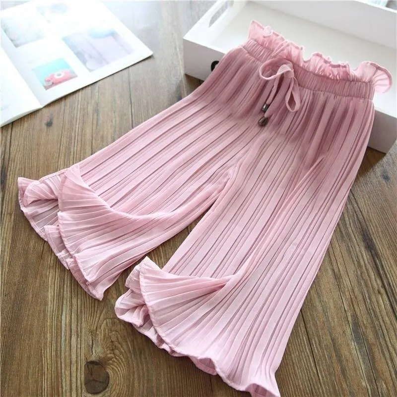 Girls Pants Summer Elastic Chiffon Breathable Loose Wide Leg Pants Girl Clothes Casual Pleated Leggings for Girls
