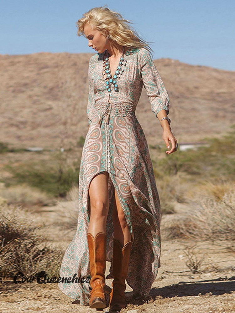Women’s Printed V-Neck Short Sleeve Bohemian Resort Maxi Dress Multicolor / S