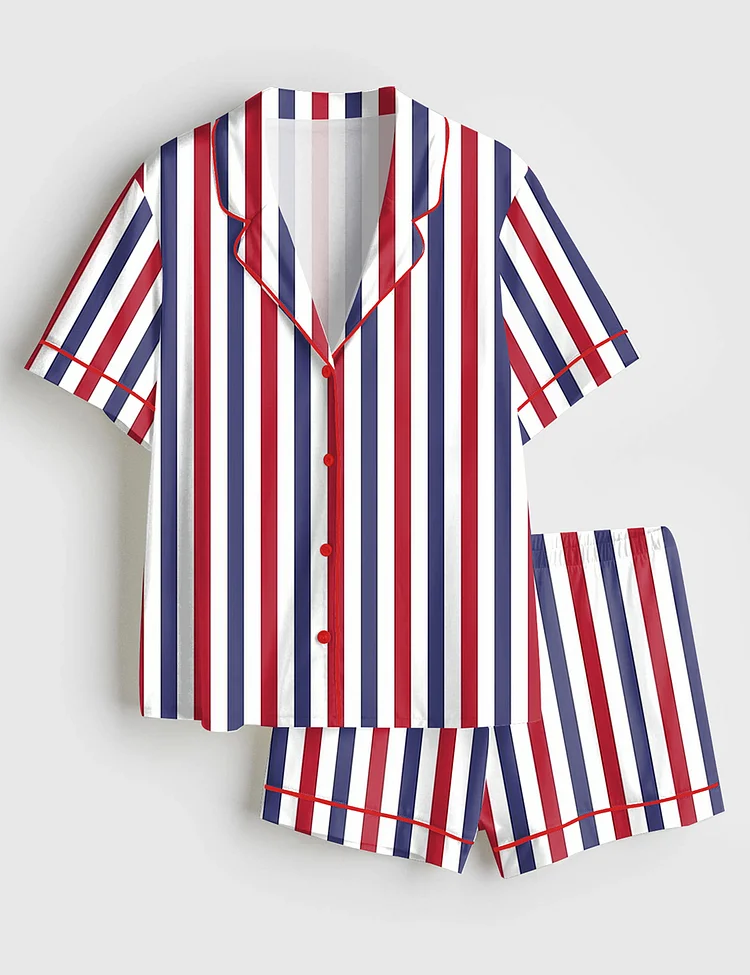 Women&rsquo;s America Flag Red White And Blue Stripe 4th Of July Short Sleeve Satin Pajama Set