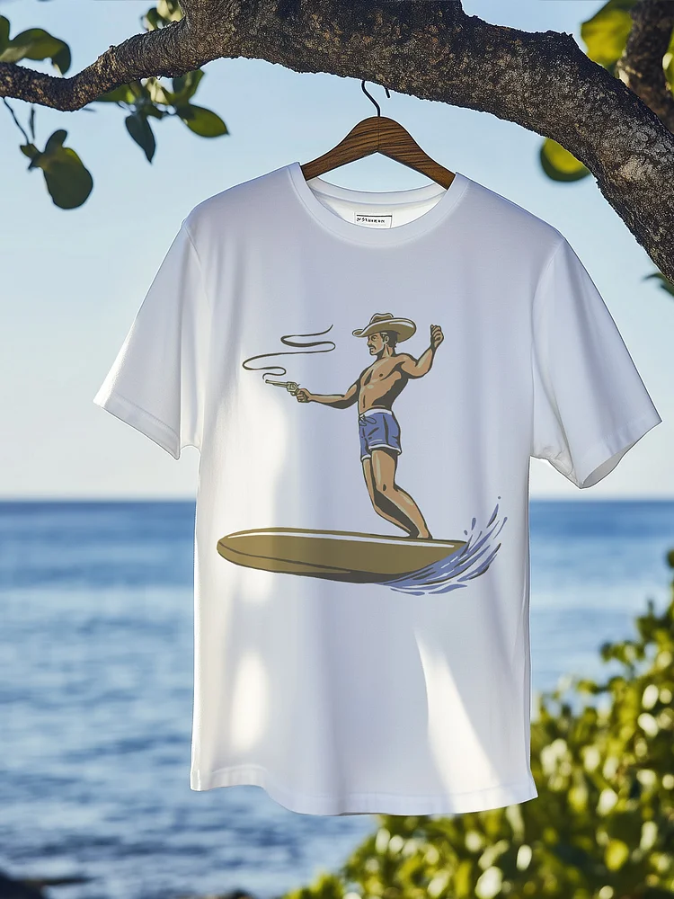 Men's Surfing Cowboy Graphic Print Cotton Casual T-Shirt