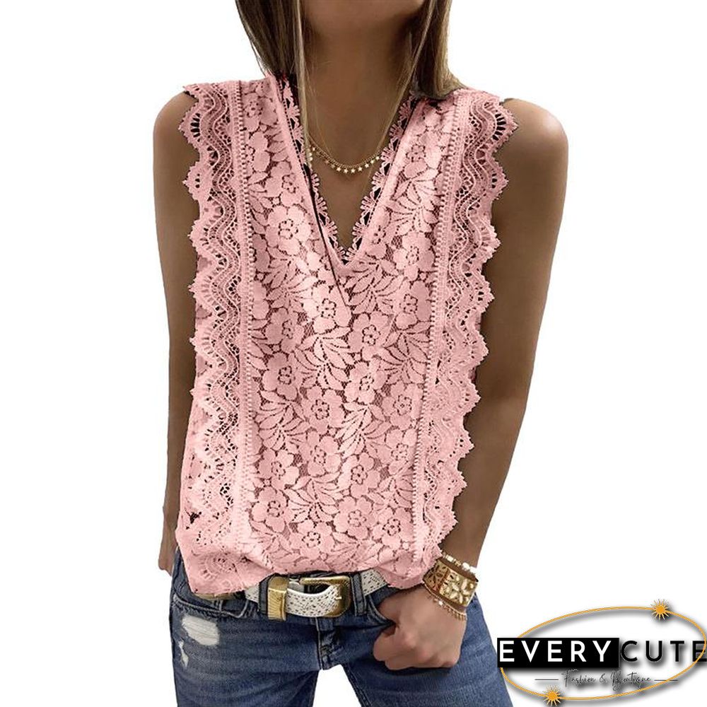 V Neck Ruffled Lace Hollow Shirt
