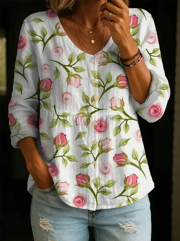 Women's Floral Pattern Art Print Casual Cotton Shirt
