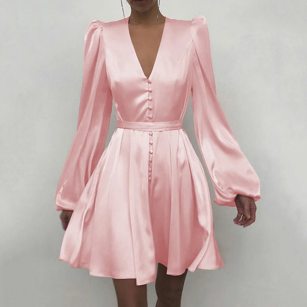 Spring Fashion  2021Elegant Women Satin Solid Long Sleeve Dress Button A-Line Mini Dress Casual Loose V-Neck Party Dress Vestido