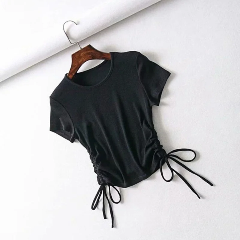 Sexy Side Drawstring Tie Up Ruched Tank Tops Women Solid Color Slim Crop Top Ladies Streetwear Ribbed Knitted Tees 2022